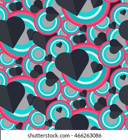 Vintage Seamless Romantic Pattern for Wrap, Print, Fabric, Textile, Greeting Card. Ornament with pink or red heart, circle for cloth, wallpaper, mosaic. Wedding, valentine retro background. Vector