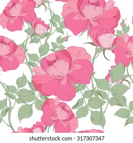Vintage seamless roses pattern, vector illustration, on white background