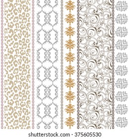 Vintage seamless silk wallpaper with boho style elements, leopard skin print and floral baroque motifs. Abstract geometrical vector pattern. Ethnic collection. Silver and golden shadows on white.
