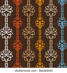 Vintage seamless silk wallpaper with ethnic motifs. Fantasy floral pattern. Safari collection. Dark brown.