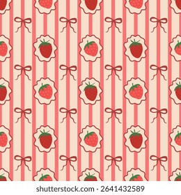 Vintage seamless strawberry pattern in a wavy frame, on a striped background and with bows. Hand-drawn illustration for wrapping paper, wallpaper, fabric. An unusual summer print. 