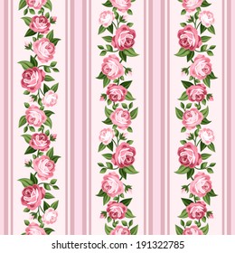 Vintage seamless stripped pattern with pink roses. Vector illustration.