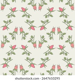 Padrão de simetria sem costura vintage com flores rosa desenhadas à mão em fundo bege. Boho floral repetir papel de parede