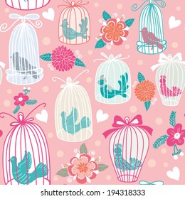 Vintage seamless texture with birds, cages and flowers. Seamless pattern can be used for wallpaper, pattern fills, web page background,surface textures. Gorgeous seamless floral background.