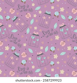 Vintage seamless texture with birds, cages and flowers. Seamless pattern can be used for wallpaper, pattern fills, web page background, surface textures. Gorgeous seamless floral background.