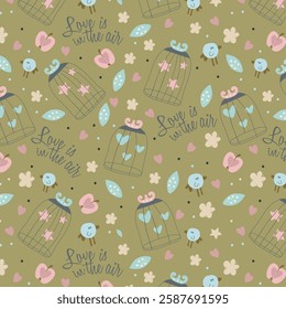 Vintage seamless texture with birds, cages and flowers. Seamless pattern can be used for wallpaper, pattern fills, web page background, surface textures. Gorgeous seamless floral background.