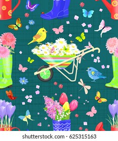 vintage seamless texture with bouquets of fresh flowers in gardening equipments and colorful birds