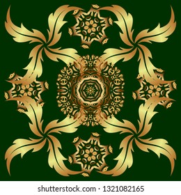 Vintage seamless texture. Can be used for luxury greeting rich card. Vector gold ornament on a green background. Pattern with golden elements on a green background.