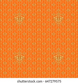Vintage seamless texture. Can be used for luxury greeting rich card. Pattern with golden elements on a orange background. Vector gold ornament on a orange background.
