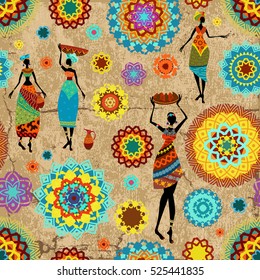 vintage seamless texture with colorful arabesques and lovely african women