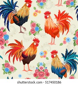 vintage seamless texture with colorful lovely cockerels and flowers. 