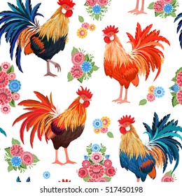 vintage seamless texture with colorful lovely roosters and flowers.