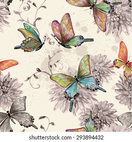 vintage seamless texture with of flying butterflies. watercolor painting. vector illustration