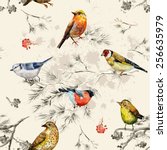 vintage seamless texture of little birds. watercolor painting