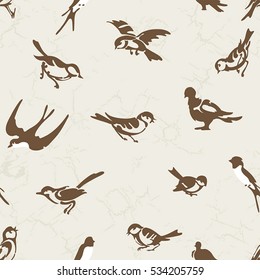 Vintage seamless texture of little birds. Elegance pattern, vector illustration