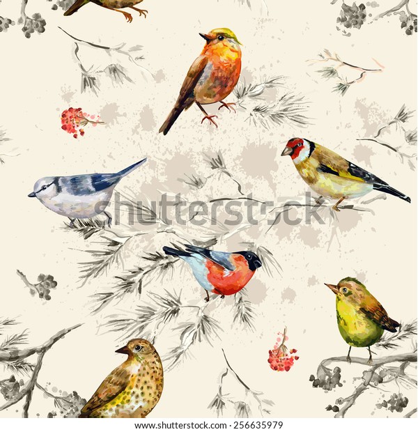 vintage seamless texture of little birds. watercolor painting.