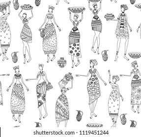 vintage seamless texture with lovely african women for coloring book