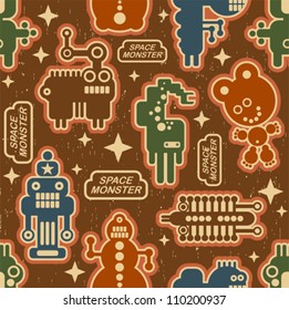 Vintage seamless texture with monsters and robots. Vector pattern in retro style.