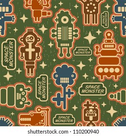 Vintage seamless texture with monsters and robots. Vector pattern in retro style.