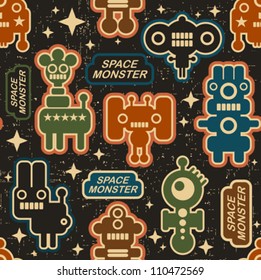 Vintage seamless texture with monsters and robots. Vector pattern in retro style.