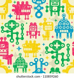 Vintage seamless texture with monsters and robots. Vector pattern in retro style.