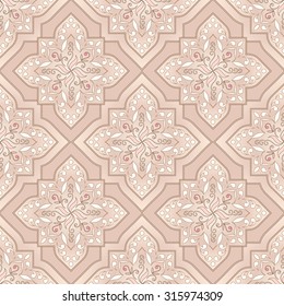 Vintage seamless texture on beige background. Element for design. Ornamental backdrop. Pattern fill. Ornate floral decor for wallpaper. Traditional decor on beige background.  