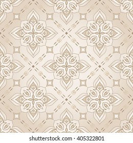 Vintage seamless texture on beige. Element for design. Ornamental backdrop. Pattern fill. Ornate floral decor for wallpaper. Traditional decor on beige background.