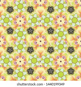 Vintage seamless texture. Pattern with yellow, green and beige elements. Vector motley ornament. Can be used for luxury greeting rich card.