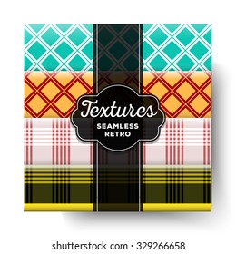 Vintage seamless texture. Retro vector pattern set. Plaid fabric background. Unusual ornament popart collection.