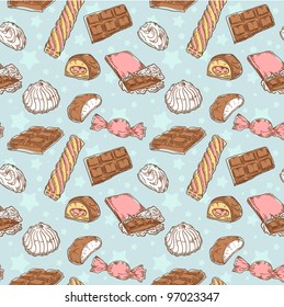 Vintage seamless texture with sweets, candies, chocolate bars and marshmallow on stars and dots background