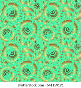 Vintage seamless texture. Vector gold ornament on a green background. It can be used for luxury greeting rich card. Pattern with golden elements on a green background.