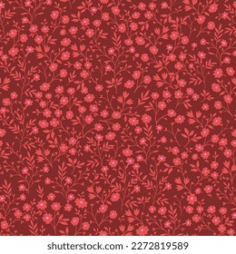 Patrón floral diminuto e inmaculado. Fondo rojo oscuro con flores rojas pequeñas. Diseño de papel pintado, prendas de vestir, embalajes, tejidos, revestimientos, textiles