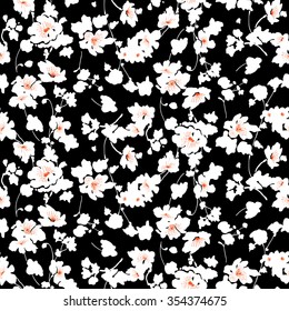 Vintage Seamless Tiny Floral Pattern. Black Background Of Small White Flowers.  Design For Wallpaper, Clothing, Wrapping, Fabric, Cover, Textile