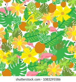 vintage seamless tropical flowers with pineapple vector pattern background