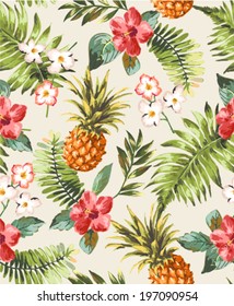 vintage seamless tropical flowers with pineapple vector pattern background