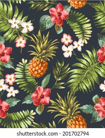 vintage seamless tropical flowers with pineapple vector pattern background
