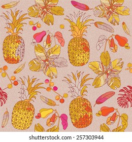 vintage seamless tropical flowers with pineapple vector pattern background
