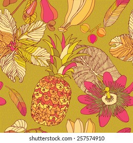 vintage seamless tropical flowers with pineapple vector pattern background