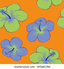Vintage seamless tropical hibiscus flowers vector pattern background.