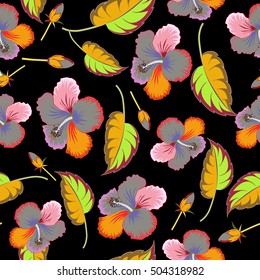 Vintage seamless tropical hibiscus flowers vector pattern on black background in motley colors.