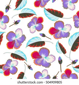 Vintage seamless tropical hibiscus flowers vector pattern on white background multicolored.