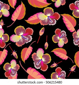 Vintage seamless tropical hibiscus flowers, leaves and buds. Multicolor vector pattern on black background.