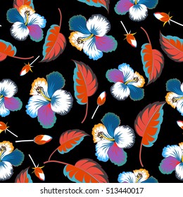 Vintage seamless tropical hibiscus flowers, leaves and buds. Multicolor vector pattern on black background.