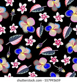 Vintage seamless tropical hibiscus flowers, leaves and buds. Multicolor vector pattern on black background.