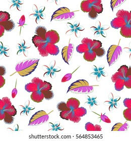 Vintage seamless tropical hibiscus flowers, leaves and buds. Multicolor vector pattern on white background.