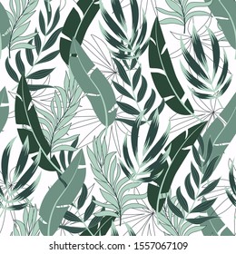 Vintage seamless tropical pattern with bright green plants and leaves on white background. Modern abstract design for fabric, paper, interior decor. Beautiful exotic plants. 
