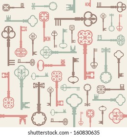 Vintage seamless vector background with different antique keys in pastel colors.