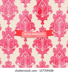 Vintage seamless vector background. Stencils in the form of damask pattern on watercolors substrate. 