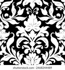 Vintage seamless vector background. Wallpaper in the baroque style template. Black and white floral element. Graphic ornate pattern for wallpaper, fabric, packaging, wrapping. Damask flower ornament.