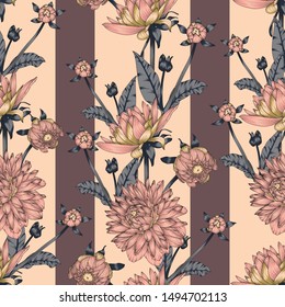 Vintage seamless vector floral pattern with Abstract geometric striped texture, great as a textile print , wallpapers, gift wrap, manufacturing
